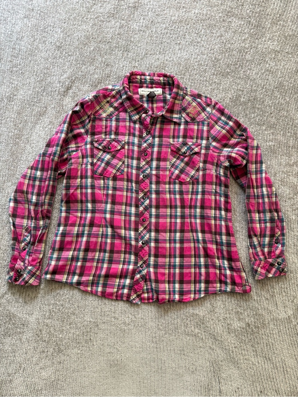 Bit & Bridle Pink Plaid Western Snap Shirt Embroidered Rhinestone Size L